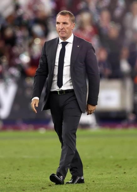 Leicester City manager Brendan Rodgers during the Premier League match between West Ham United and Leicester City at The London Stadium on August 23,...