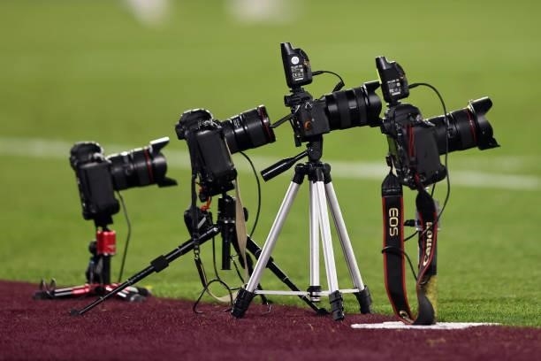General view of of photographers remote cameras placed behind the goal during the Premier League match between West Ham United and Leicester City at...
