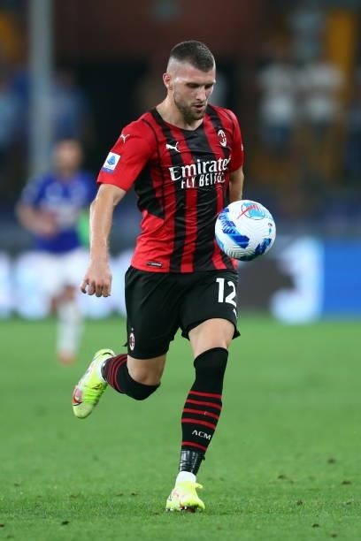 Ante Rebic of AC Milan controls the ball during the Serie A match between UC Sampdoria and AC Milan at Stadio Luigi Ferraris on August 23, 2021 in...