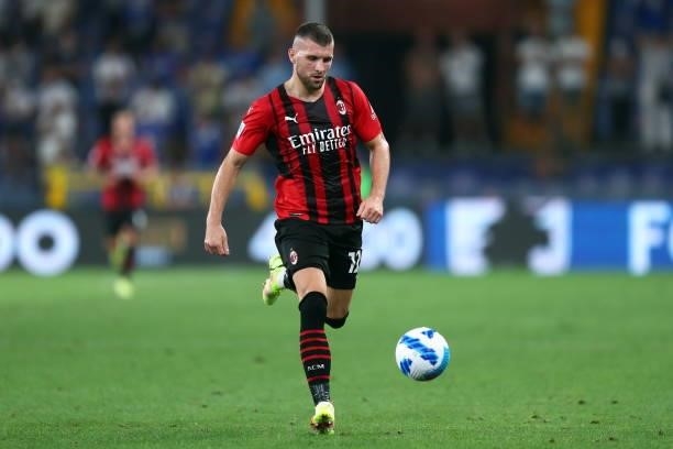 Ante Rebic of AC Milan controls the ball during the Serie A match between UC Sampdoria and AC Milan at Stadio Luigi Ferraris on August 23, 2021 in...