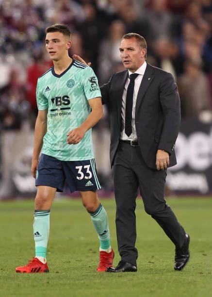 Luke Thomas of Leicester City with manager Brendan Rodgers during the Premier League match between West Ham United and Leicester City at The London...