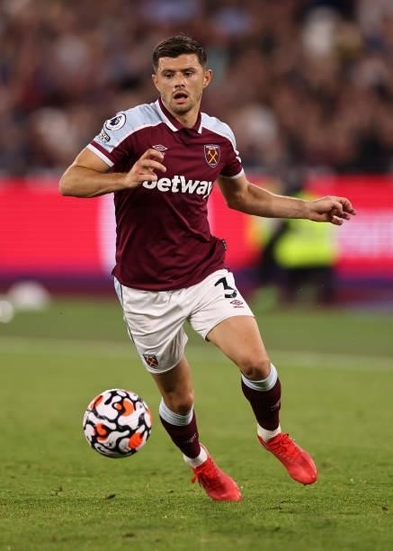 Aaron Cresswell of West Ham United during the Premier League match between West Ham United and Leicester City at The London Stadium on August 23,...
