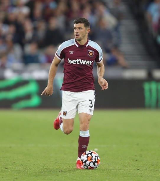 West Ham United's Aaron Cresswell during the Premier League match between West Ham United and Leicester City at The London Stadium on August 23, 2021...
