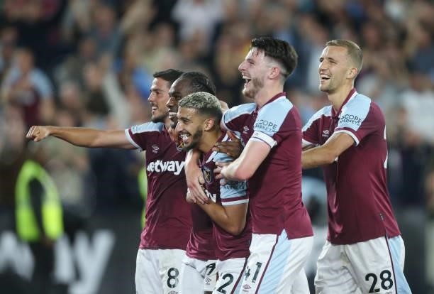 West Ham United's Michail Antonio celebrates scoring his side's fourth goal with Pablo Fornals, Declan Rice, Said Benrahma and Tomas Soucek during...
