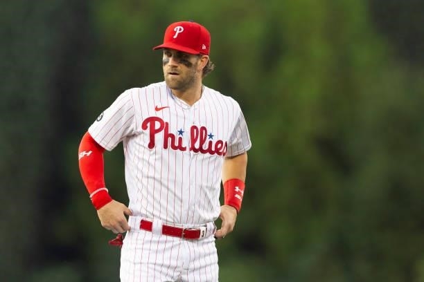 Bryce Harper of the Philadelphia Phillies looks on prior to the game against the Tampa Bay Rays at Citizens Bank Park on August 24, 2021 in...