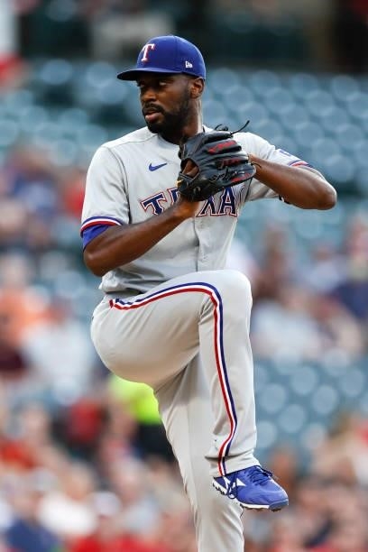 Taylor Hearn of the Texas Rangers pitches against the Cleveland Indians during the first inning at Progressive Field on August 24, 2021 in Cleveland,...
