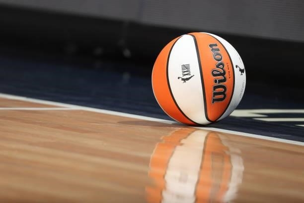 Detail shot of the Wilson game ball used before the game between the Seattle Storm and the Minnesota Lynx on August 24, 2021 at Target Center in...