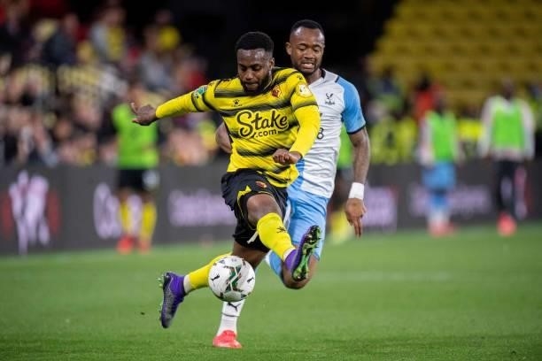 Danny Rose of Watford and Jordan Ayew of Crystal Palace in action during the Carabao Cup Second Round match between Watford and Crystal Palace on...