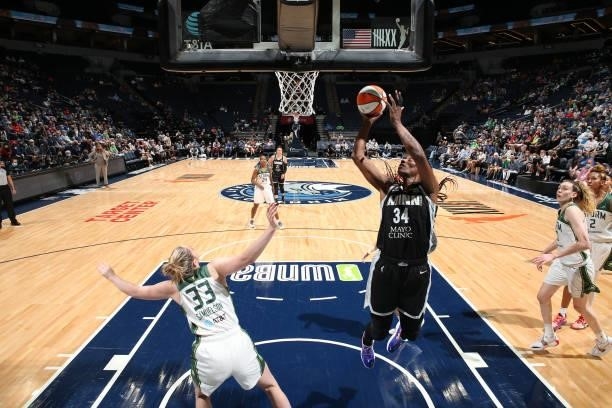 Sylvia Fowles of the Minnesota Lynx drives to the basket during the game against the Seattle Storm on August 24, 2021 at Target Center in...