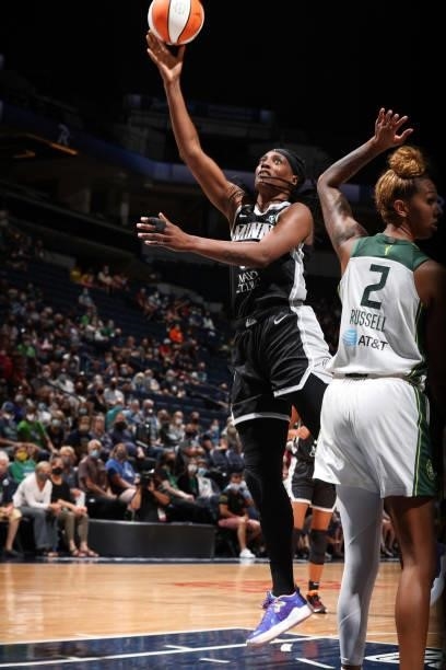 Sylvia Fowles of the Minnesota Lynx drives to the basket against the Seattle Storm on August 24, 2021 at Target Center in Minneapolis, Minnesota....