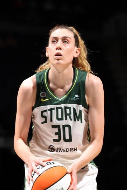 Breanna Stewart of the Seattle Storm shoots a free throw against the Minnesota Lynx on August 24, 2021 at Target Center in Minneapolis, Minnesota....