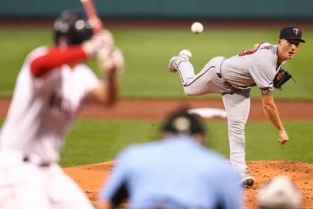 Griffin Jax of the Minnesota Twins pitches in the. First inning of a game against the Boston Red Sox at Fenway Park on August 24, 2021 in Boston,...