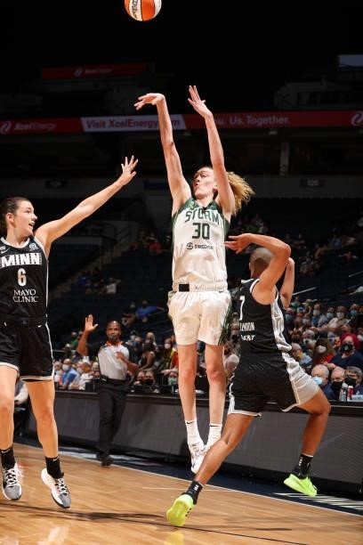 Breanna Stewart of the Seattle Storm shoots a three point basket against the Minnesota Lynx on August 24, 2021 at Target Center in Minneapolis,...