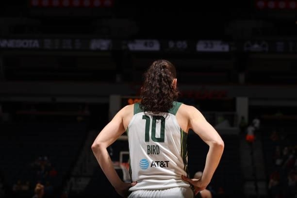 Sue Bird of the Seattle Storm looks on during the game against the Minnesota Lynx on August 24, 2021 at Target Center in Minneapolis, Minnesota. NOTE...