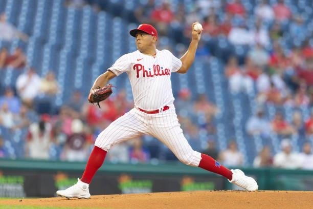 Ranger Suarez of the Philadelphia Phillies throws a pitch against the Tampa Bay Rays in the top of the first inning at Citizens Bank Park on August...