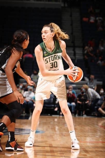 Breanna Stewart of the Seattle Storm looks to pass the ball during the game against the Minnesota Lynx on August 24, 2021 at Target Center in...