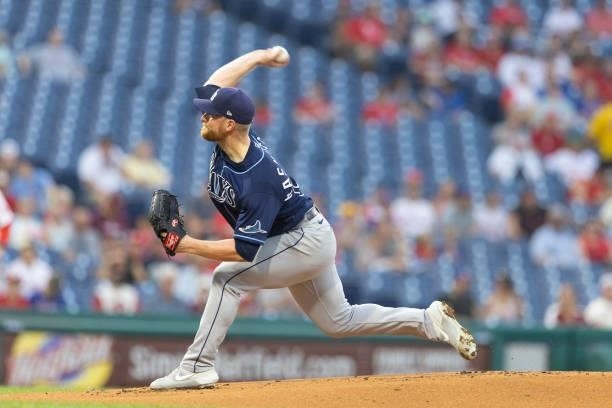 Drew Rasmussen of the Tampa Bay Rays throws a pitch in the bottom of the first inning against the Philadelphia Phillies at Citizens Bank Park on...