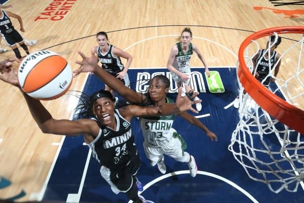 Sylvia Fowles of the Minnesota Lynx rebounds the ball during the game against the Seattle Storm on August 24, 2021 at Target Center in Minneapolis,...