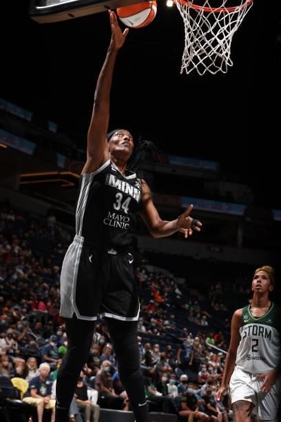 Sylvia Fowles of the Minnesota Lynx drives to the basket during the game against the Seattle Storm on August 24, 2021 at Target Center in...