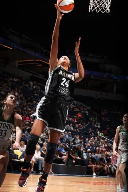 Napheesa Collier of the Minnesota Lynx drives to the basket during the game against the Seattle Storm on August 24, 2021 at Target Center in...