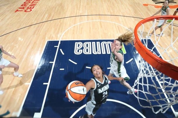 Napheesa Collier of the Minnesota Lynx drives to the basket during the game against the Seattle Storm on August 24, 2021 at Target Center in...