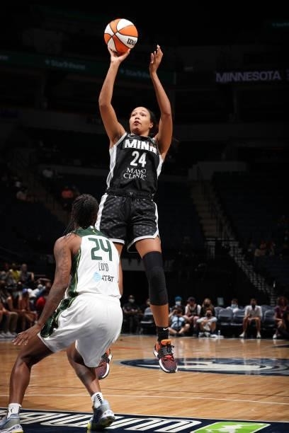 Napheesa Collier of the Minnesota Lynx shoots the ball during the game against the Seattle Storm on August 24, 2021 at Target Center in Minneapolis,...
