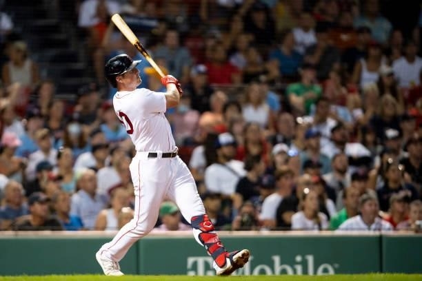 Hunter Renfroe of the Boston Red Sox hits a two-run home run during the fifth inning of a game against the Minnesota Twins on August 24, 2021 at...