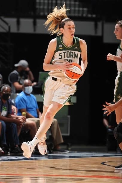 Breanna Stewart of the Seattle Storm drives to the basket during the game against the Minnesota Lynx on August 24, 2021 at Target Center in...