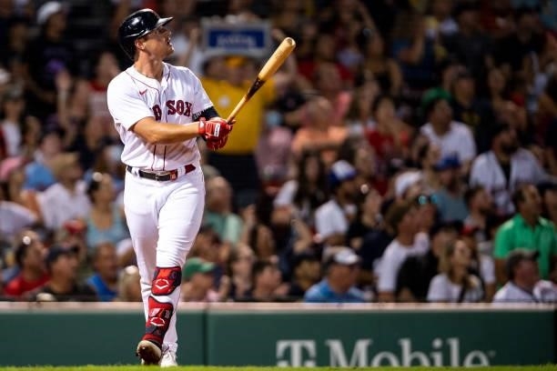 Hunter Renfroe of the Boston Red Sox hits a three-run home run during the fourth inning of a game against the Minnesota Twins on August 24, 2021 at...