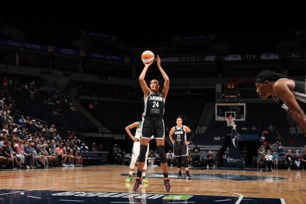 Napheesa Collier of the Minnesota Lynx shoots a free throw during the game against the Seattle Storm on August 24, 2021 at Target Center in...