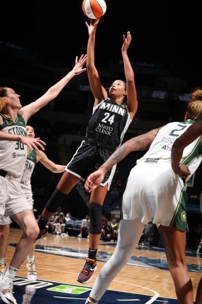 Napheesa Collier of the Minnesota Lynx shoots the ball during the game against the Seattle Storm on August 24, 2021 at Target Center in Minneapolis,...