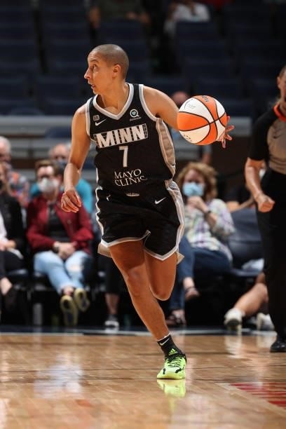Layshia Clarendon of the Minnesota Lynx dribbles the ball during the game against the Seattle Storm on August 24, 2021 at Target Center in...