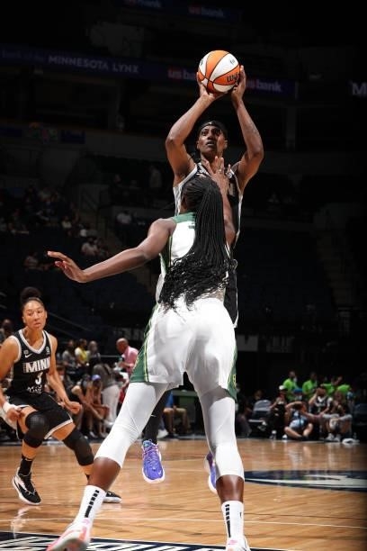 Sylvia Fowles of the Minnesota Lynx shoots the ball during the game against the Seattle Storm on August 24, 2021 at Target Center in Minneapolis,...