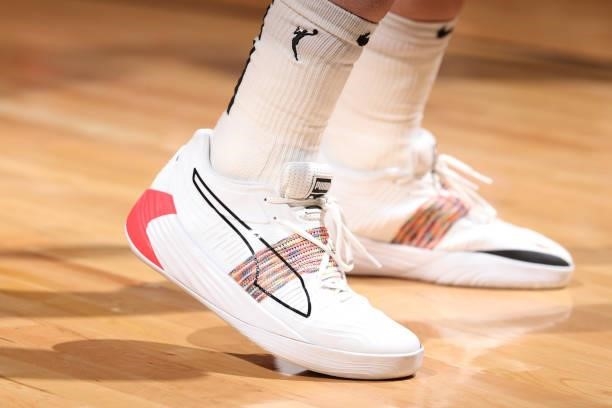 The sneakers worn by Breanna Stewart of the Seattle Storm during the game against the Minnesota Lynx on August 24, 2021 at Target Center in...