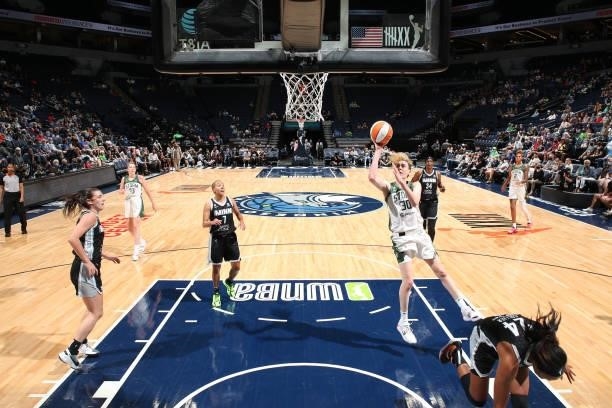 Breanna Stewart of the Seattle Storm shoots the ball during the game against the Minnesota Lynx on August 24, 2021 at Target Center in Minneapolis,...