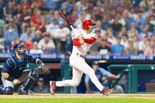 Brad Miller of the Philadelphia Phillies hits an RBI double in the bottom of the fourth inning against the Tampa Bay Rays at Citizens Bank Park on...