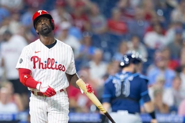 Andrew McCutchen of the Philadelphia Phillies looks on after striking out to end the bottom of the seventh inning against the Tampa Bay Rays at...