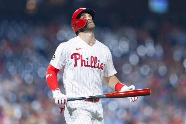 Bryce Harper of the Philadelphia Phillies reacts after lining out in the bottom sixth inning against the Tampa Bay Rays at Citizens Bank Park on...