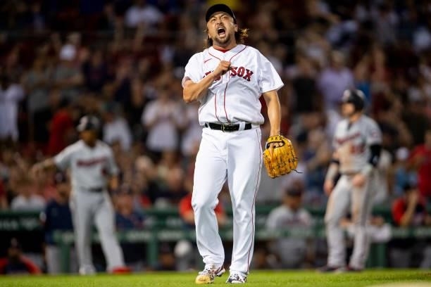 Hirokazu Sawamura of the Boston Red Sox reacts during the seventh inning of a game against the Minnesota Twins on August 24, 2021 at Fenway Park in...