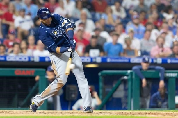 Nelson Cruz of the Tampa Bay Rays hits a two RBI double in the top of the eighth inning against the Philadelphia Phillies at Citizens Bank Park on...