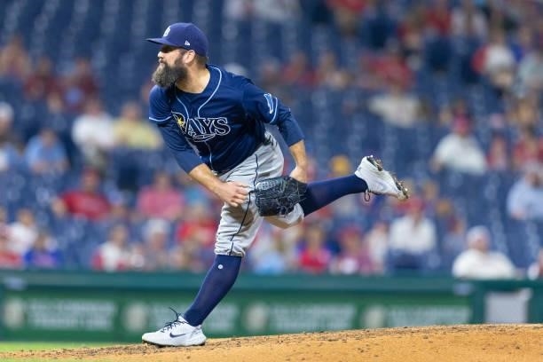 Andrew Kittredge of the Tampa Bay Rays throws a pitch in the bottom of the eighth inning against the Philadelphia Phillies at Citizens Bank Park on...