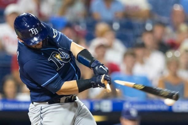 Mike Zunino of the Tampa Bay Rays breaks his bat in the top of the fifth inning against the Philadelphia Phillies at Citizens Bank Park on August 24,...