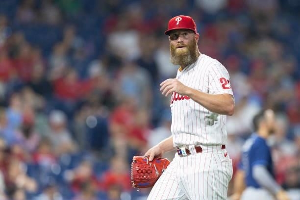 Archie Bradley of the Philadelphia Phillies looks on in the top of the eighth inning against the Tampa Bay Rays at Citizens Bank Park on August 24,...