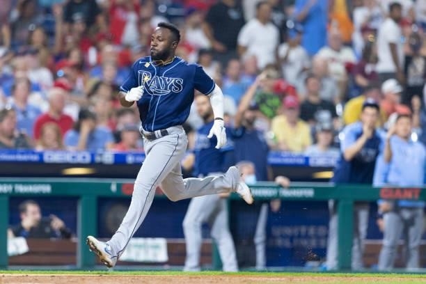 Randy Arozarena of the Tampa Bay Rays scores a run in the top of the eighth inning against the Philadelphia Phillies at Citizens Bank Park on August...
