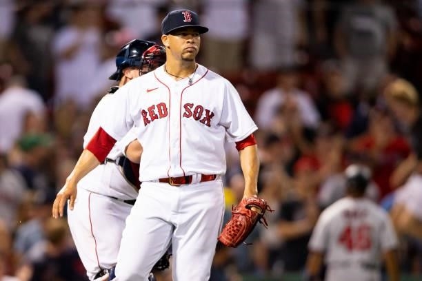 Hansel Robles of the Boston Red Sox celebrates a victory against the Minnesota Twins on August 24, 2021 at Fenway Park in Boston, Massachusetts.