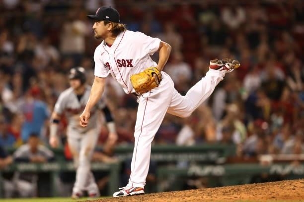 Hirokazu Sawamura of the Boston Red Sox pitches in the seventh inning of a game against the Minnesota Twins at Fenway Park on August 24, 2021 in...