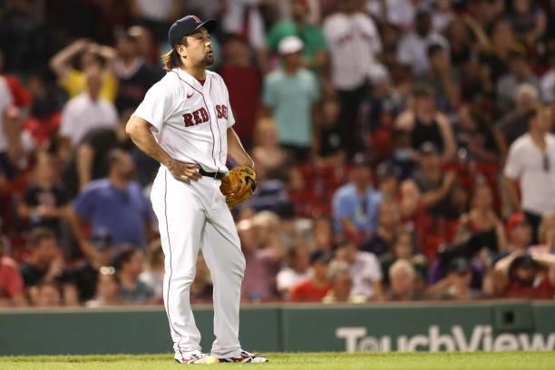 Hirokazu Sawamura of the Boston Red Sox looks on in the seventh inning of a game against the Minnesota Twins at Fenway Park on August 24, 2021 in...