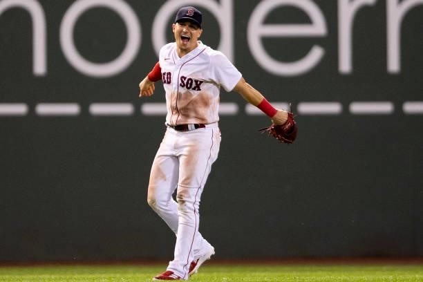 Enrique Hernandez of the Boston Red Sox celebrates a victory against the Minnesota Twins on August 24, 2021 at Fenway Park in Boston, Massachusetts.