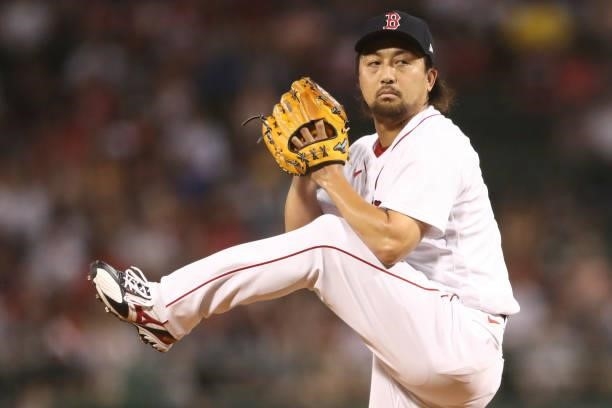 Hirokazu Sawamura of the Boston Red Sox pitches in the seventh inning of a game against the Minnesota Twins at Fenway Park on August 24, 2021 in...