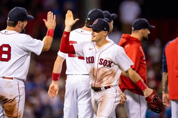 Enrique Hernandez of the Boston Red Sox celebrates a victory against the Minnesota Twins on August 24, 2021 at Fenway Park in Boston, Massachusetts.
